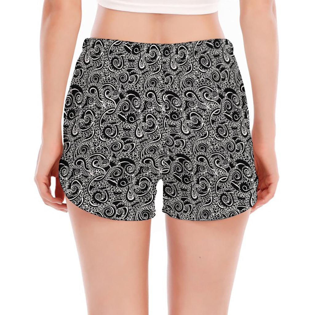 Black And White Octopus Tentacles Print Women's Split Running Shorts