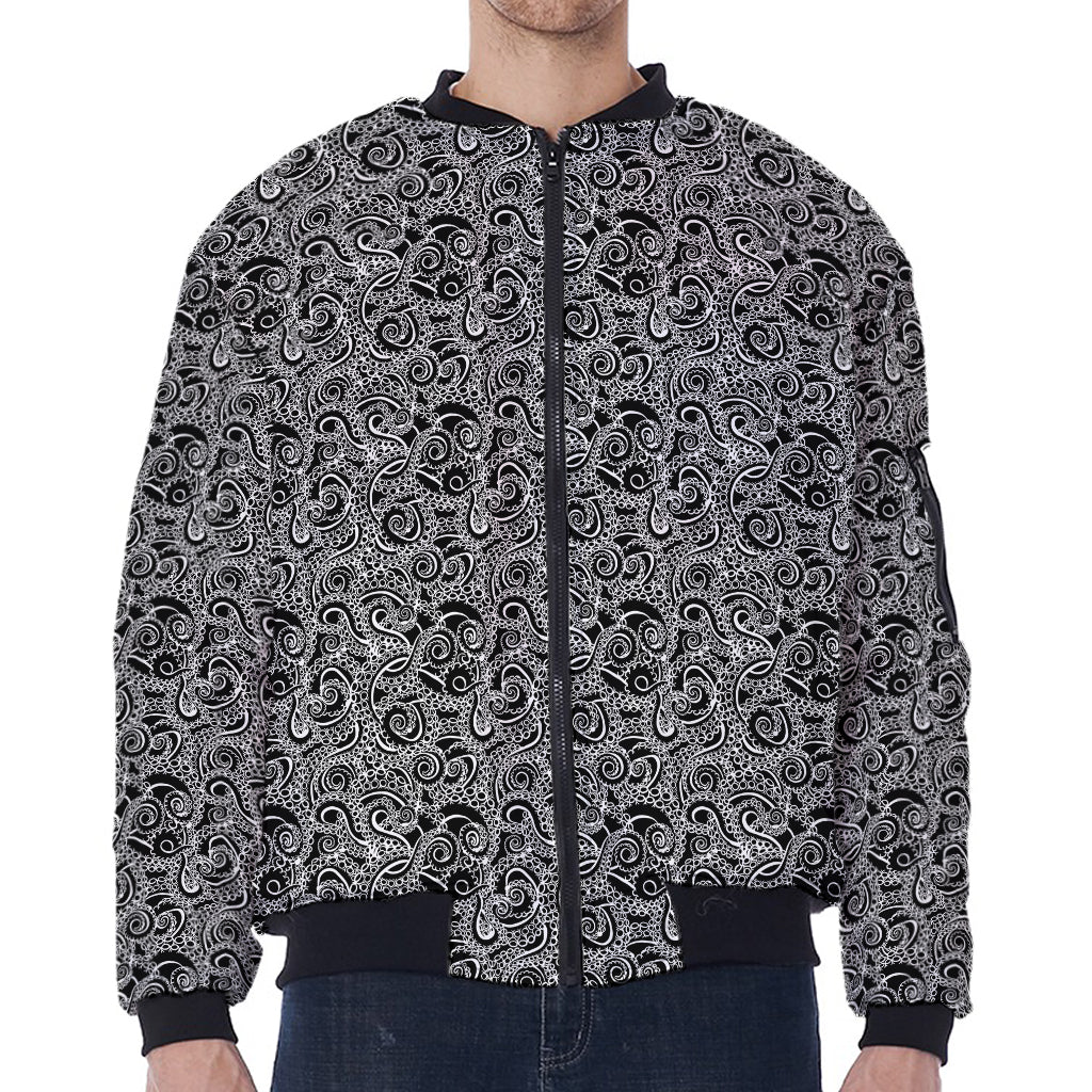 Black And White Octopus Tentacles Print Zip Sleeve Bomber Jacket