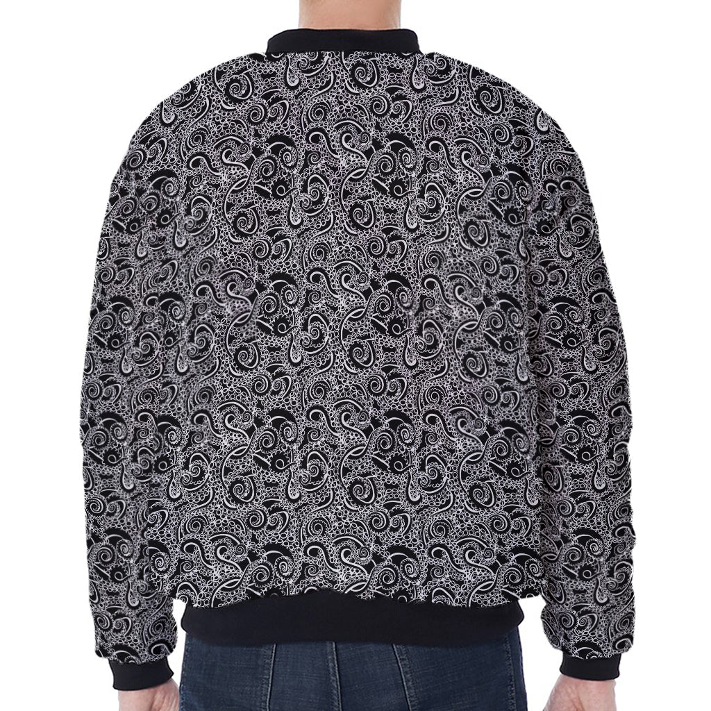 Black And White Octopus Tentacles Print Zip Sleeve Bomber Jacket