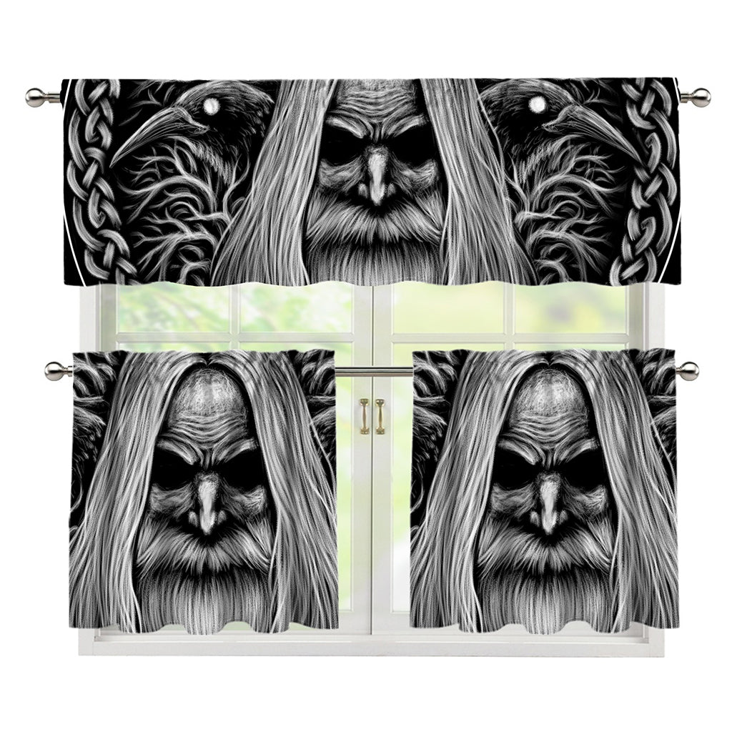 Black And White Odin With Crows Print 3 Piece Kitchen Curtains