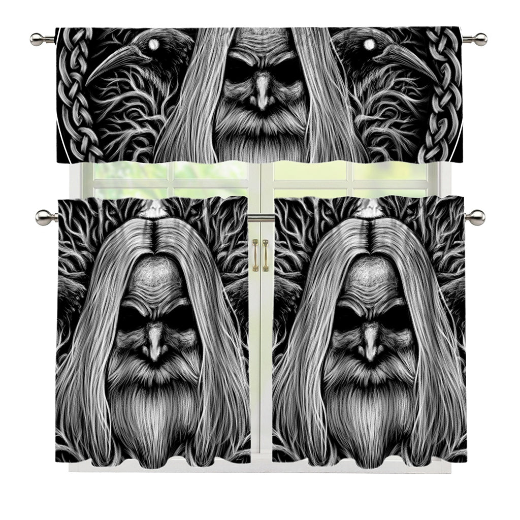 Black And White Odin With Crows Print 3 Piece Kitchen Curtains