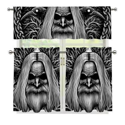 Black And White Odin With Crows Print 3 Piece Kitchen Curtains