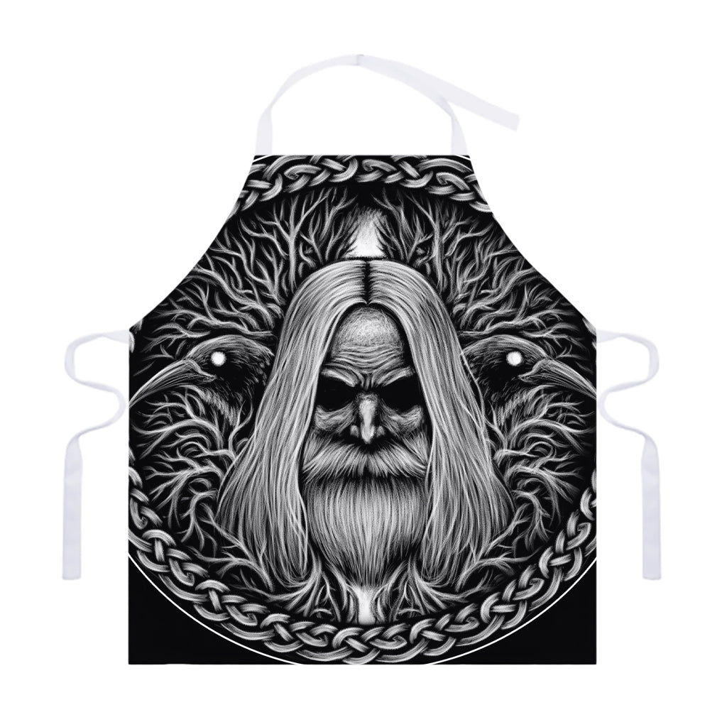 Black And White Odin With Crows Print Adjustable Apron