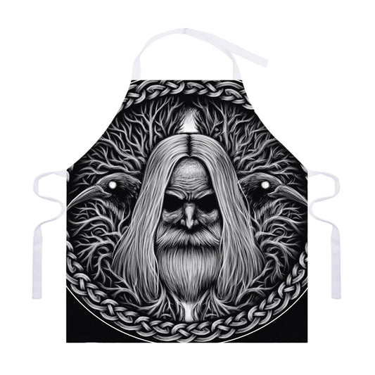 Black And White Odin With Crows Print Adjustable Apron