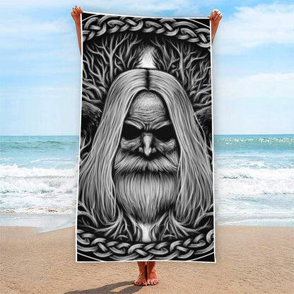 Black And White Odin With Crows Print Beach Towel