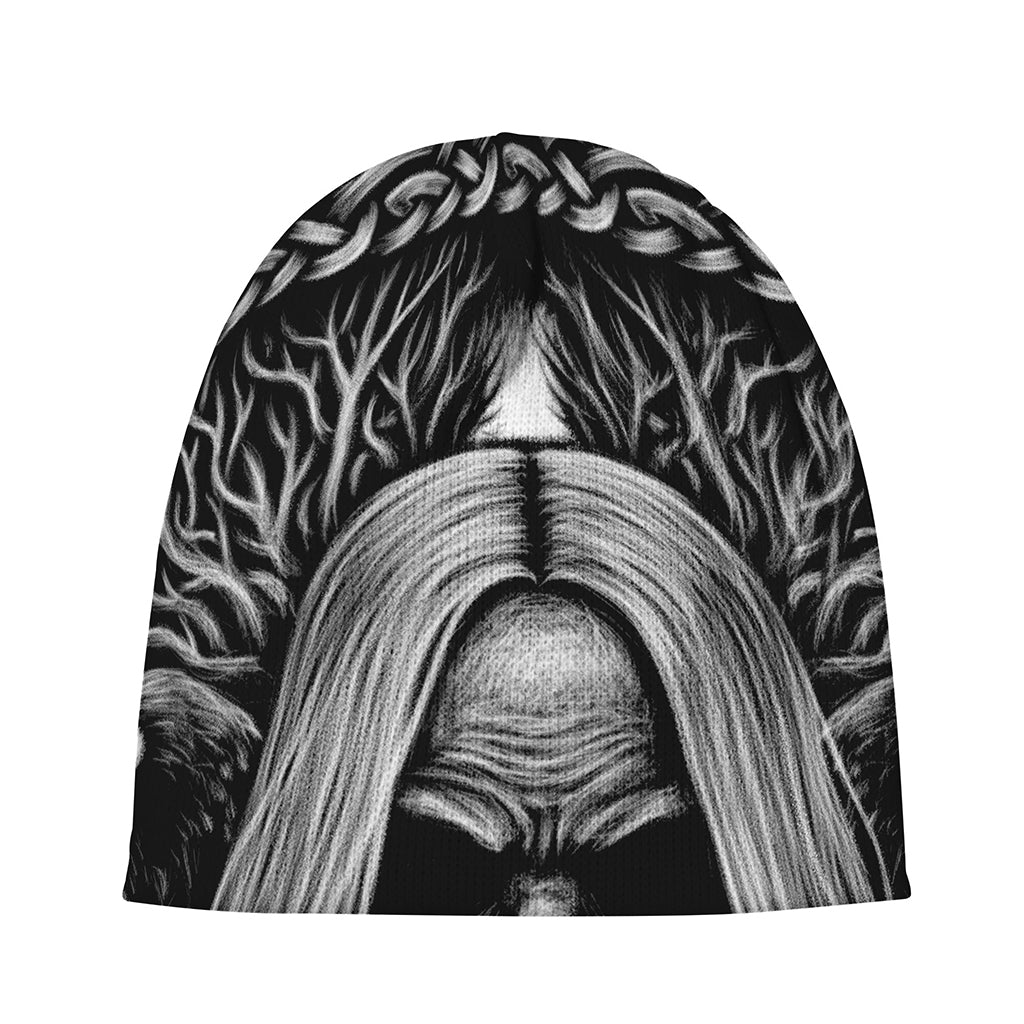 Black And White Odin With Crows Print Beanie