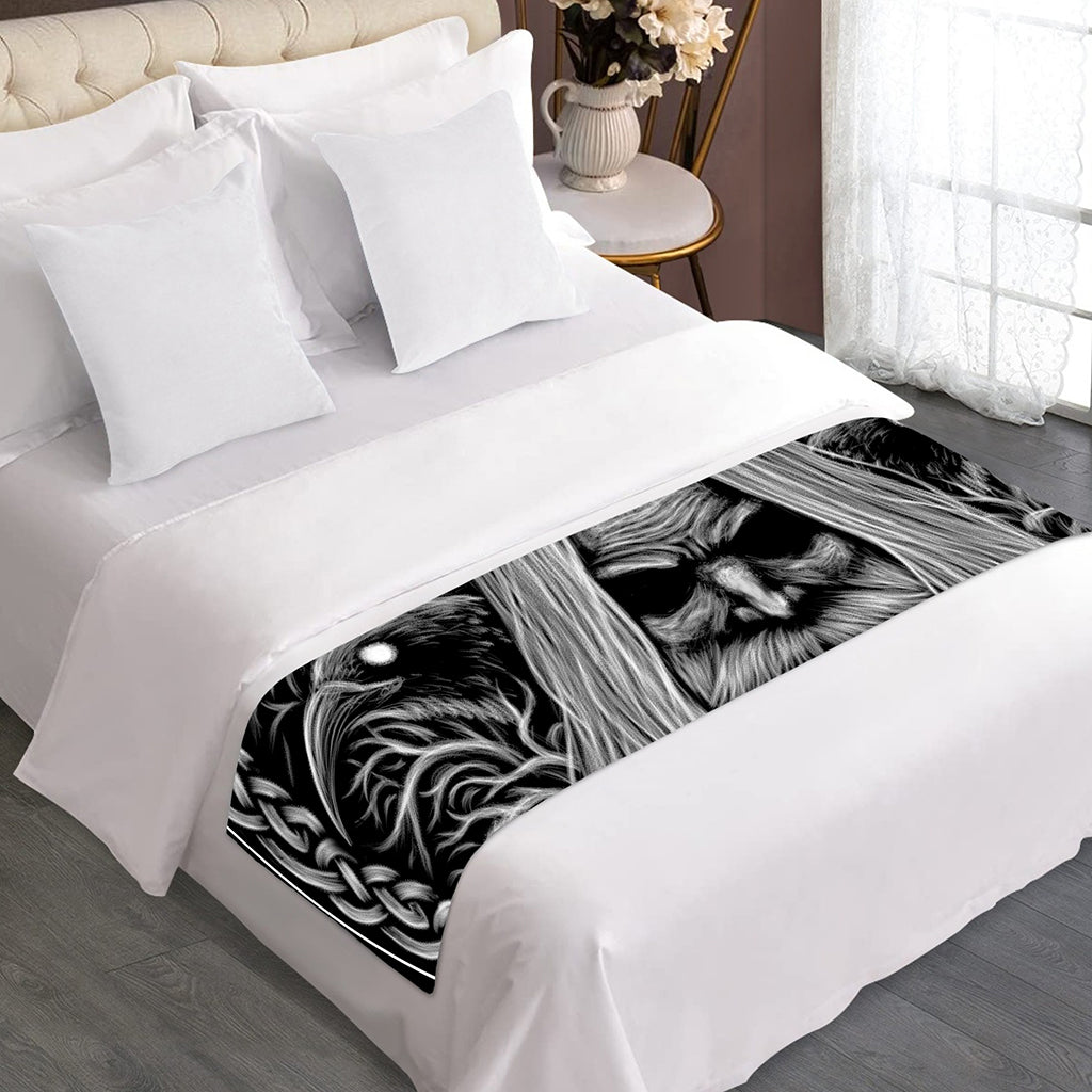 Black And White Odin With Crows Print Bed Runner