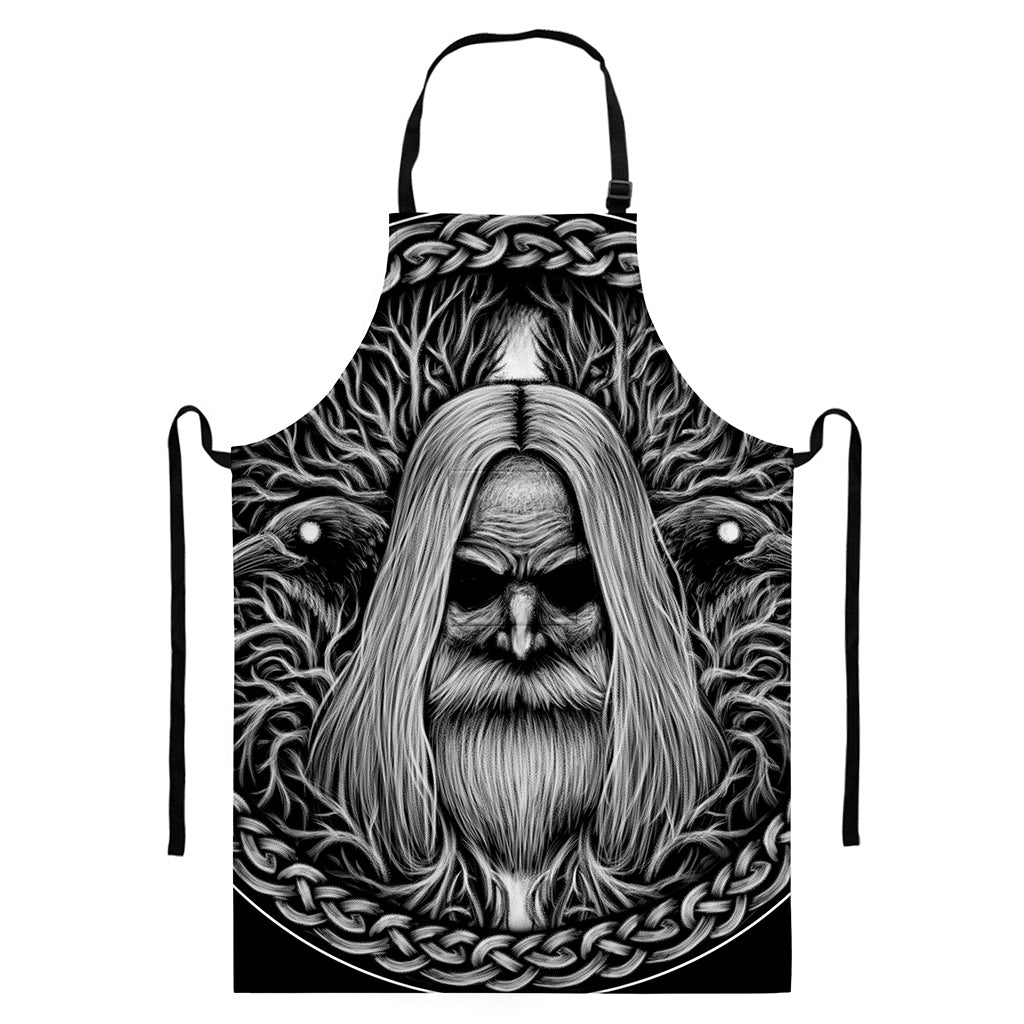Black And White Odin With Crows Print Bib Apron With Pocket