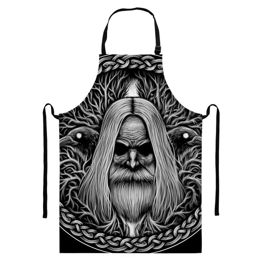 Black And White Odin With Crows Print Bib Apron With Pocket