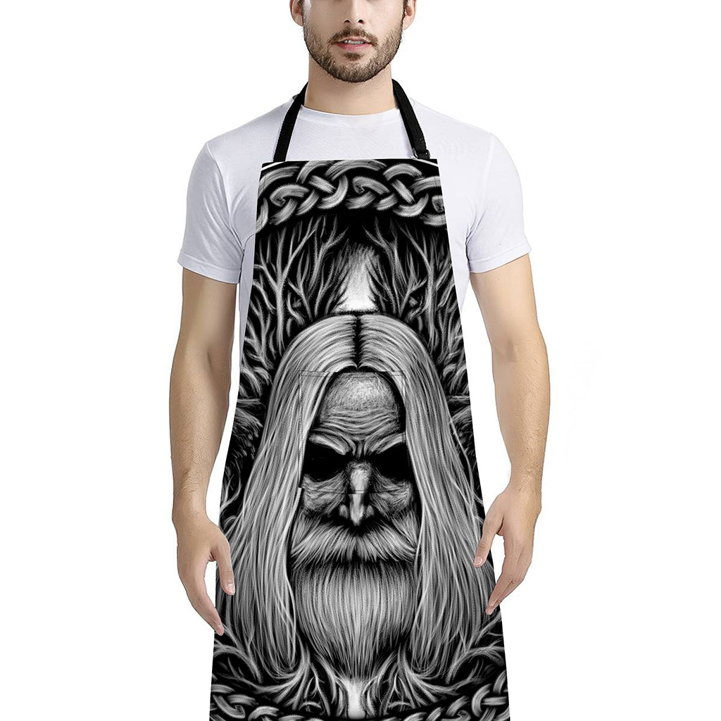 Black And White Odin With Crows Print Bib Apron With Pocket