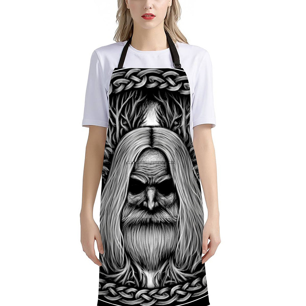 Black And White Odin With Crows Print Bib Apron With Pocket