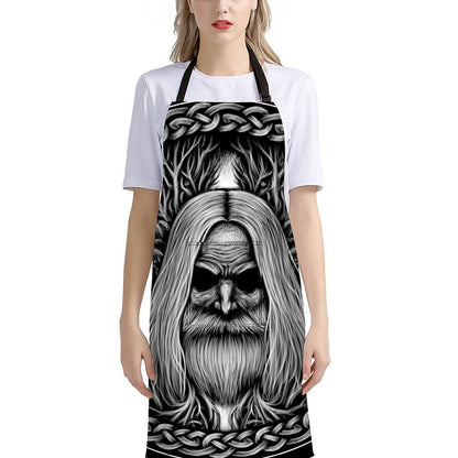 Black And White Odin With Crows Print Bib Apron With Pocket