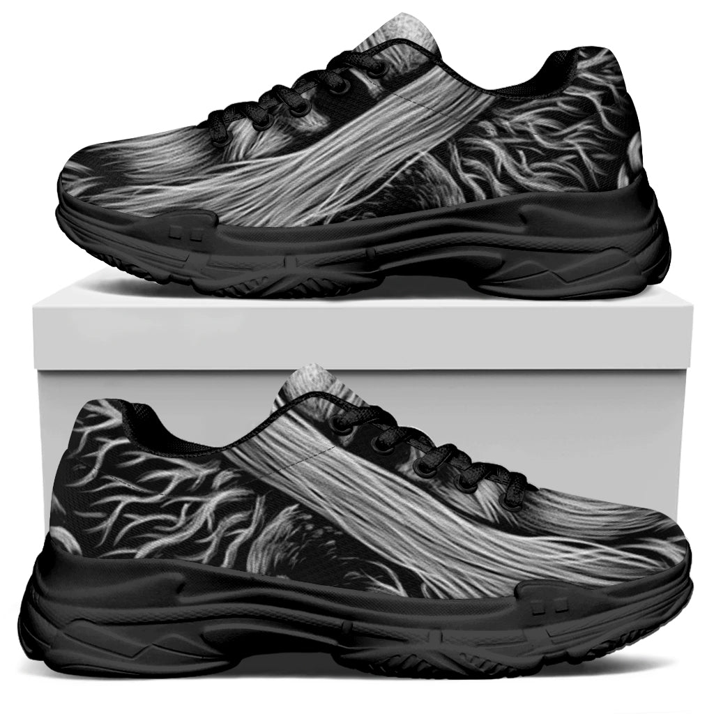 Black And White Odin With Crows Print Black Chunky Shoes