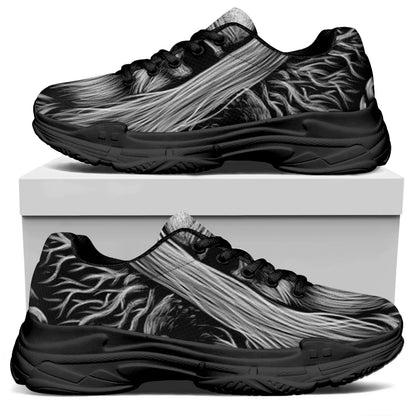 Black And White Odin With Crows Print Black Chunky Shoes