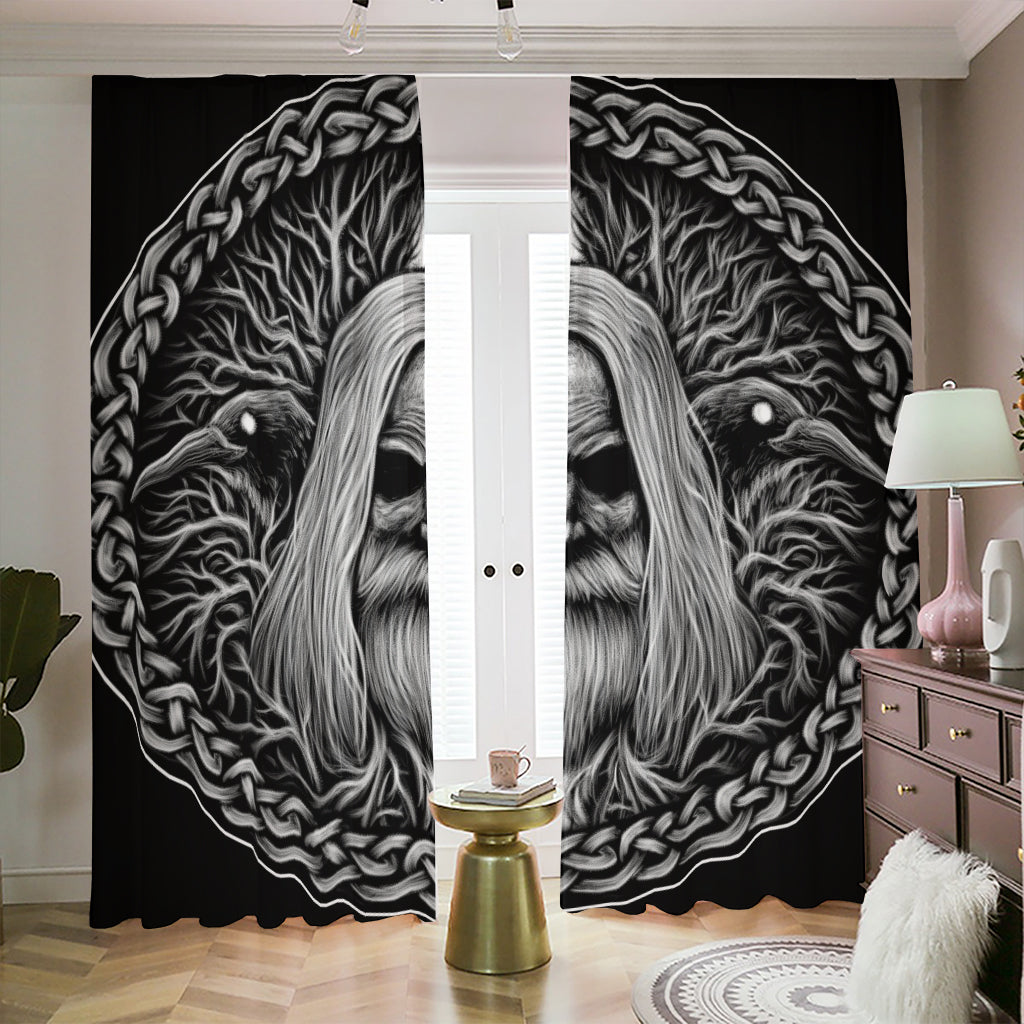 Black And White Odin With Crows Print Blackout Pencil Pleat Curtains