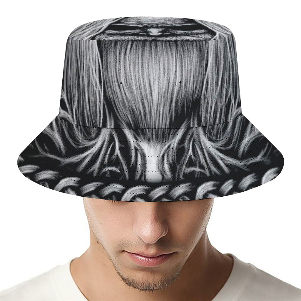Black And White Odin With Crows Print Bucket Hat