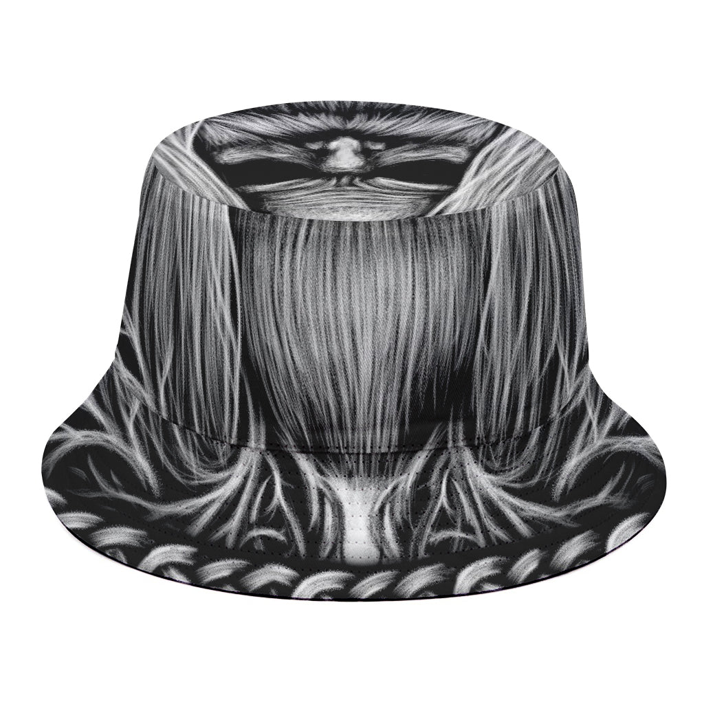 Black And White Odin With Crows Print Bucket Hat