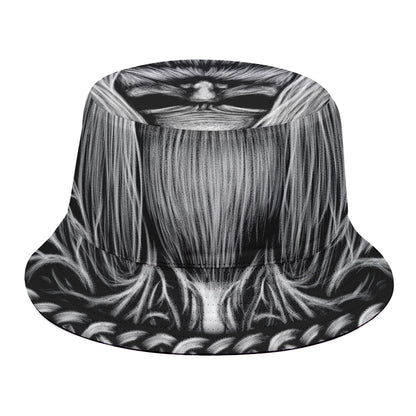 Black And White Odin With Crows Print Bucket Hat