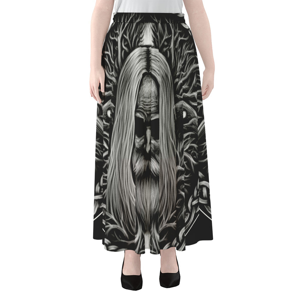 Black And White Odin With Crows Print Chiffon Maxi Skirt