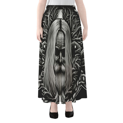 Black And White Odin With Crows Print Chiffon Maxi Skirt
