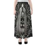 Black And White Odin With Crows Print Chiffon Maxi Skirt