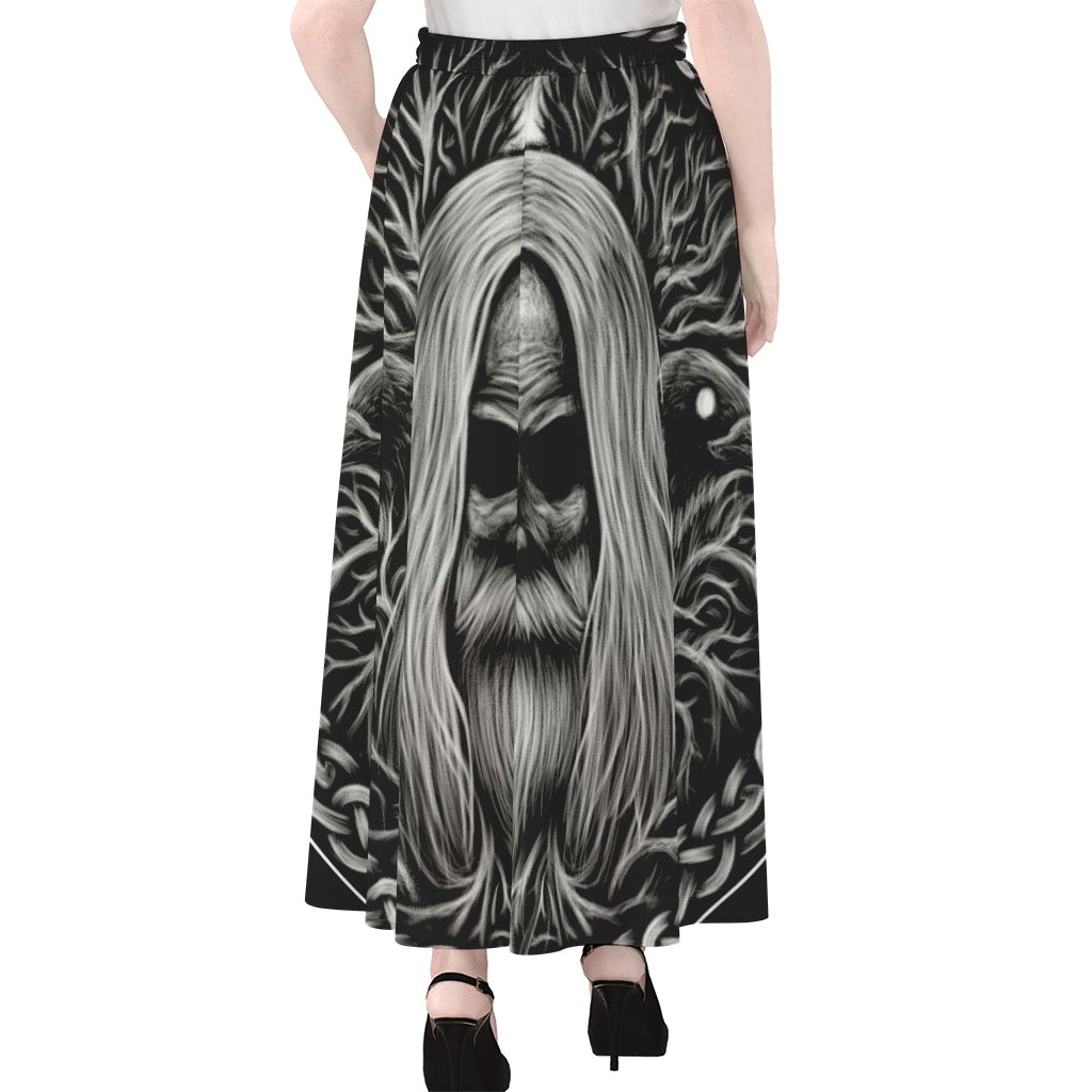 Black And White Odin With Crows Print Chiffon Maxi Skirt