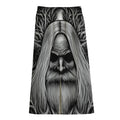 Black And White Odin With Crows Print Cotton Front Slit Maxi Skirt