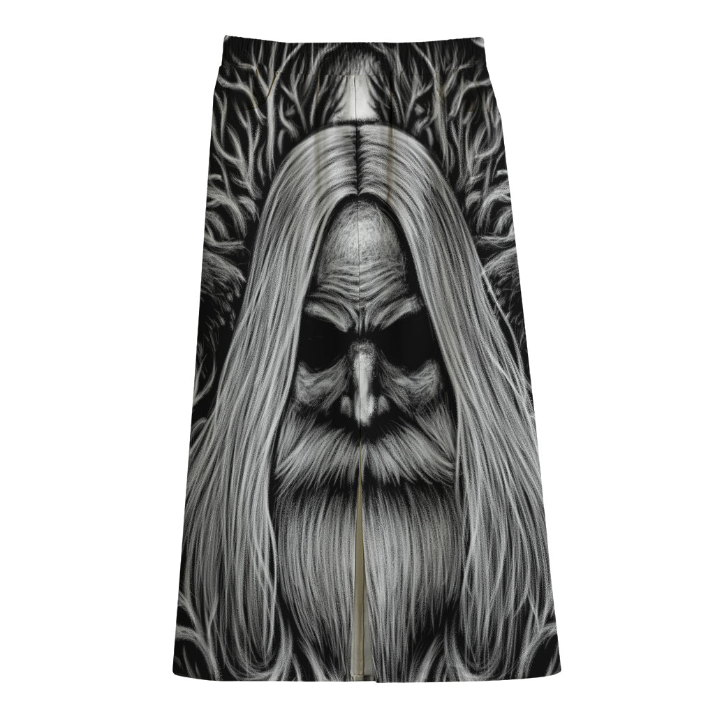 Black And White Odin With Crows Print Cotton Front Slit Maxi Skirt