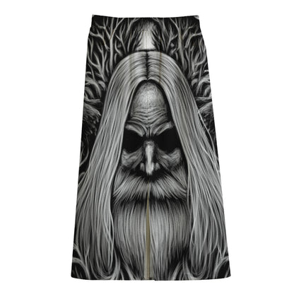 Black And White Odin With Crows Print Cotton Front Slit Maxi Skirt