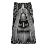 Black And White Odin With Crows Print Cotton Front Slit Maxi Skirt