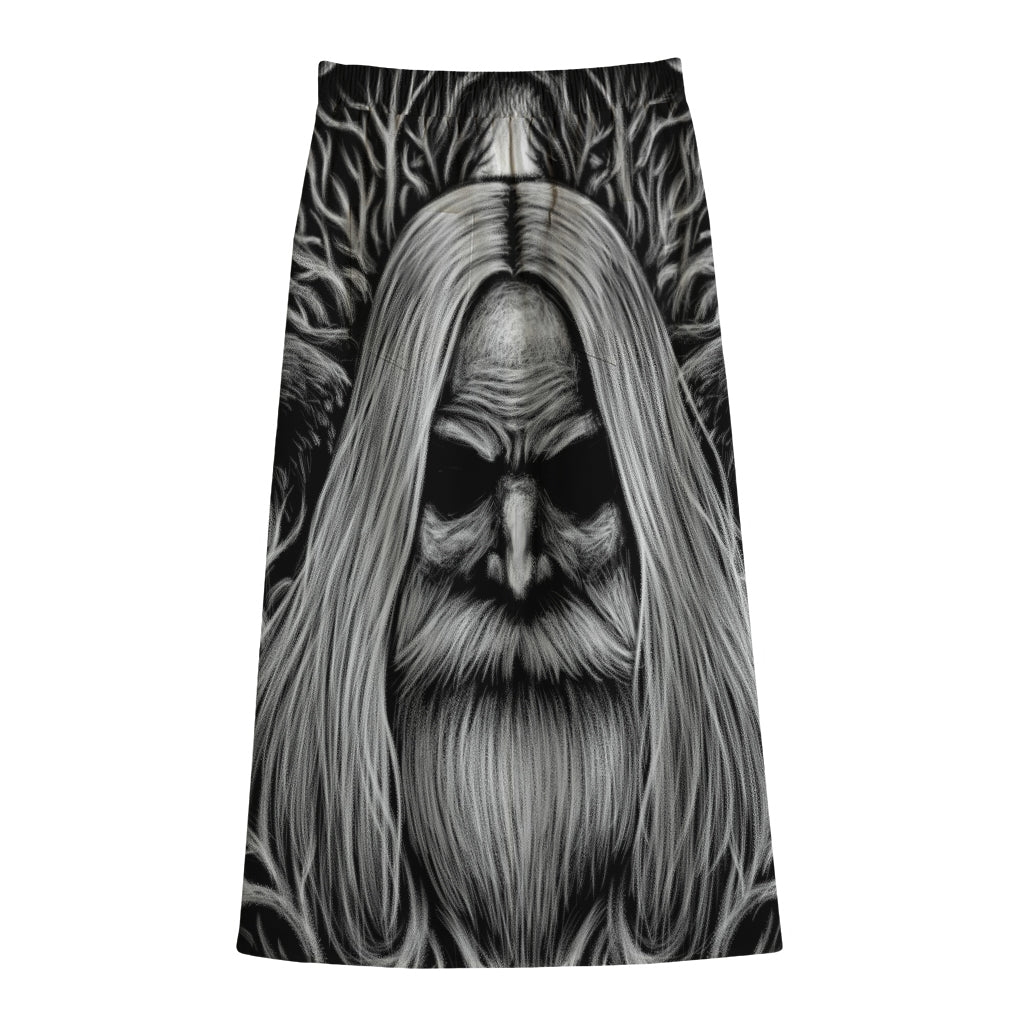 Black And White Odin With Crows Print Cotton Front Slit Maxi Skirt