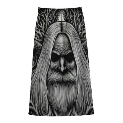 Black And White Odin With Crows Print Cotton Front Slit Maxi Skirt