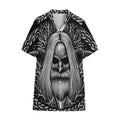 Black And White Odin With Crows Print Cotton Hawaiian Shirt