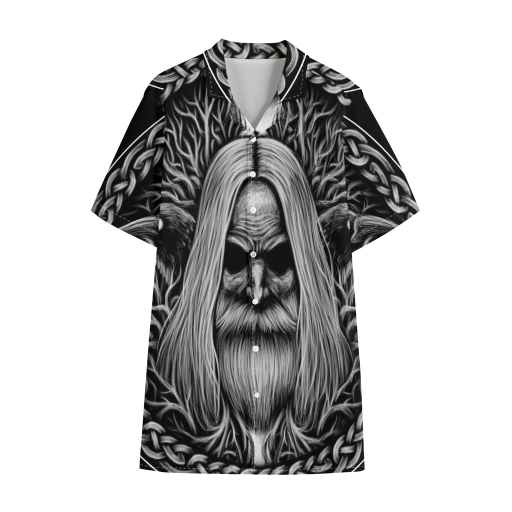 Black And White Odin With Crows Print Cotton Hawaiian Shirt