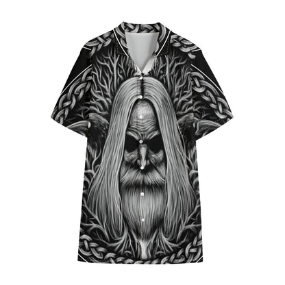Black And White Odin With Crows Print Cotton Hawaiian Shirt