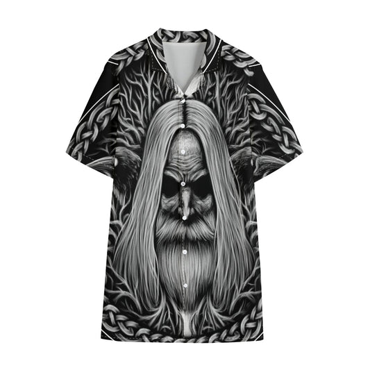 Black And White Odin With Crows Print Cotton Hawaiian Shirt