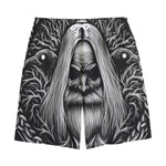 Black And White Odin With Crows Print Cotton Shorts