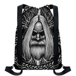 Black And White Odin With Crows Print Drawstring Backpack
