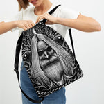 Black And White Odin With Crows Print Drawstring Backpack