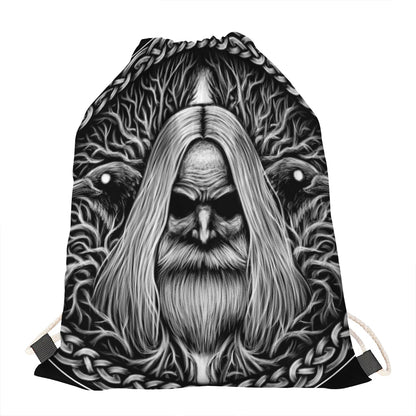 Black And White Odin With Crows Print Drawstring Bag