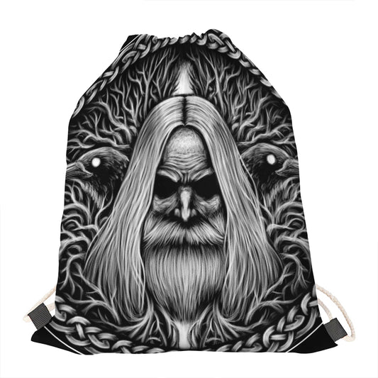 Black And White Odin With Crows Print Drawstring Bag