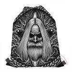 Black And White Odin With Crows Print Drawstring Bag