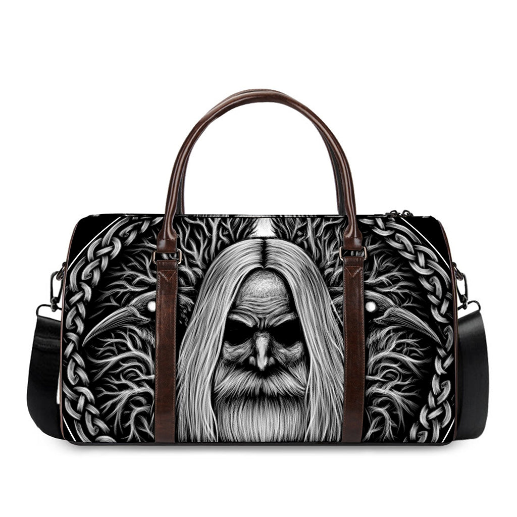 Black And White Odin With Crows Print Duffle Bag