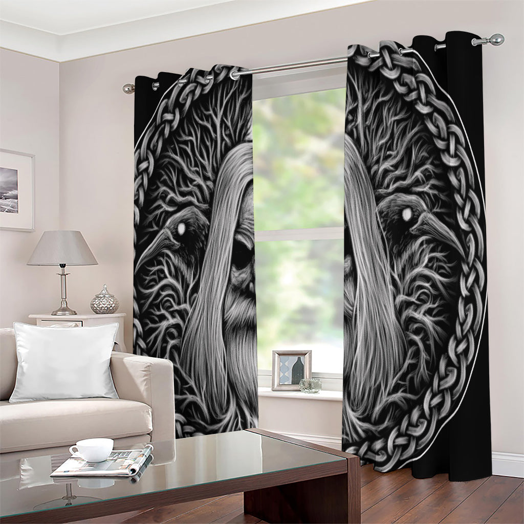 Black And White Odin With Crows Print Extra Wide Grommet Curtains