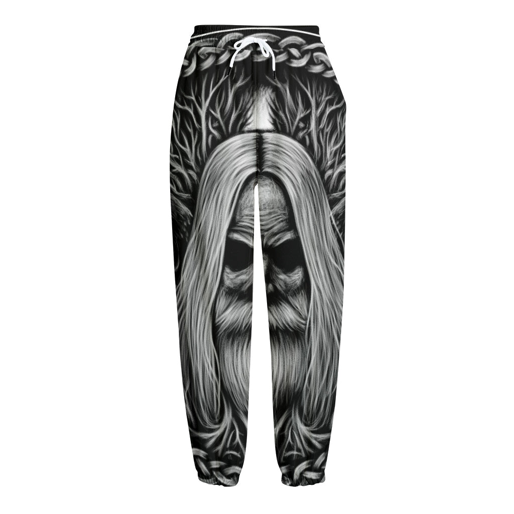 Black And White Odin With Crows Print Fleece Lined Knit Pants