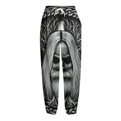 Black And White Odin With Crows Print Fleece Lined Knit Pants