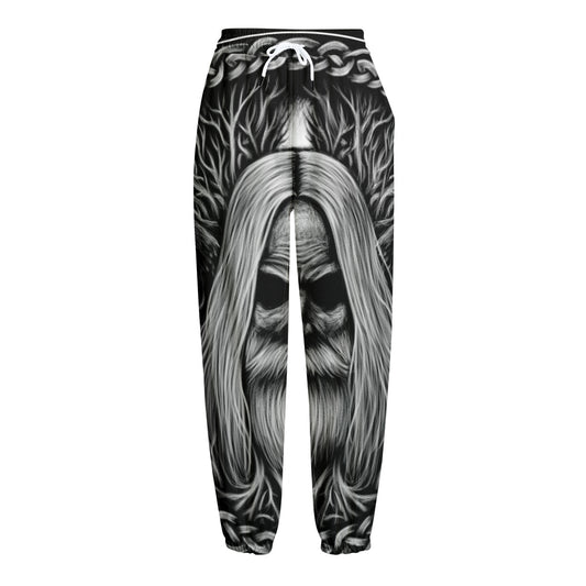 Black And White Odin With Crows Print Fleece Lined Knit Pants
