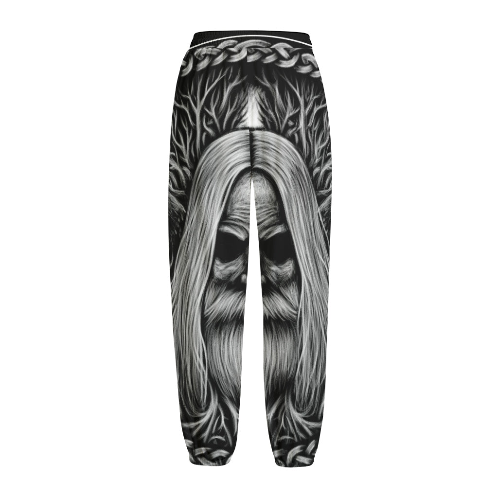Black And White Odin With Crows Print Fleece Lined Knit Pants