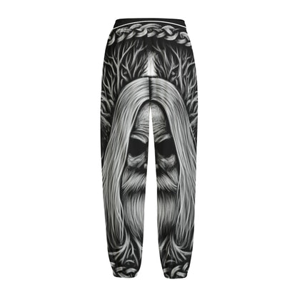 Black And White Odin With Crows Print Fleece Lined Knit Pants