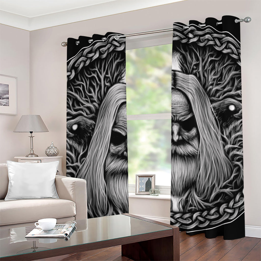 Black And White Odin With Crows Print Grommet Curtains